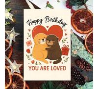 Shein 1 pieza Tarjeta de felicitación de cumpleaños "Eres amado" con pareja de nutrias abrazadas, ilustración de animales lindos con corazones, rosas y dise