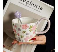 Shein 1 pieza Taza con asa de cerámica con diseño floral hermoso, Cuchara de cerámica francesa con diseño floral, Taza para café con leche, Taza de desayuno