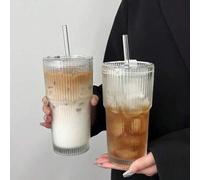 Shein 1 pieza Taza de agua creativa, nueva taza de vidrio con textura de bambú a rayas, taza de café para el hogar/oficina con alta estética, con tapa y paj