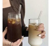 Shein 1 pieza Taza de café a rayas, taza de vidrio resistente al calor, taza de café con hielo, taza de bebida, adecuada para invierno y verano, taza de vid