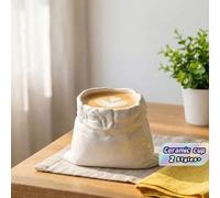 Shein 1 pieza Taza de café de cerámica con forma de bolsa de papel estética, taza de porcelana blanca minimalista moderna con pajita de vidrio, diseño arrug