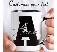 Shein 1 pieza Taza de café de cerámica personalizada con letra del alfabeto A-Z, personalizada con nombre y texto, taza de letra inicial de 11 onzas, bebida
