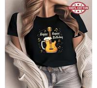 Shein 1 pieza Taza de cerveza con notas musicales y texto de "Feliz cumpleaños" impreso, 100% algodón, manga corta, regalo perfecto de cumpleaños o festivo