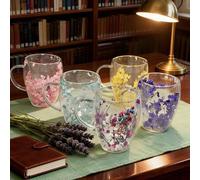 Shein 1 pieza Taza de vidrio de doble pared de 350ml con flores secas reales y asa, taza de café estilo INS con arena movediza para latte, americano helado,