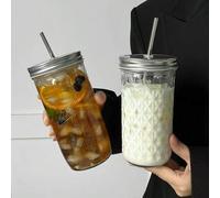 Shein 1 pieza Taza de vidrio transparente resistente al calor de gran capacidad con tapa y pajita, adecuada para té de burbujas, café, jugo, bebidas frías