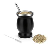 Shein 1 pieza Taza tradicional de mate negro, taza/taza de mate de calabaza natural, taza de café, taza de mate de doble capa de acero inoxidable con juego