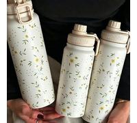 Shein 1 pieza Termo de acero inoxidable aislado de doble pared con diseño de margarita, de 600ml/20.29oz, 800ml/27.06oz o 1000ml/33.82oz, botella de vacío,
