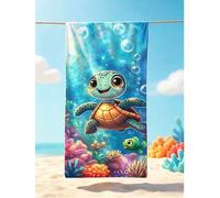 Shein 1 pieza Toalla de playa para niños con diseño de tortuga marina de dibujos animados, súper suave de microfibra extra grande, toalla de baño súper abso
