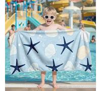 Shein 1 pieza Toalla de playa para niños con estrellas de mar y conchas de color azul claro, manta de playa extra grande de microfibra súper suave, toalla d