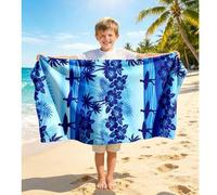 Shein 1 pieza Toalla de playa para niños con rayas degradadas azul y blanco con árbol de palma y flores, manta de playa extra grande de microfibra súper sua