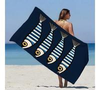 Shein 1 pieza Toalla/Manta de playa extra grande de 150x200cm con estampado de sardinas a rayas de estilo de dibujos animados, disponible en múltiples tamañ