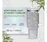 Shein 1 pieza Vaso de 40 Onzas con asa y tapa con pajita, vaso con diamantes brillantes, taza de agua aislada de acero inoxidable, taza de viaje de doble pa