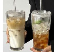 Shein 1 pieza Vaso de vidrio con rayas verticales, tapa y pajita, vaso de bebida reutilizable y transparente de estilo minimalista, vaso de agua multiusos p