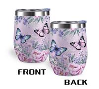 Shein 1 Pieza Vaso de Vino de Acero Inoxidable de 12oz con Tapa Transparente, Taza de Café Aislada con Diseño de Mariposa y Flores de Peonía Rosa Pastel, Ta