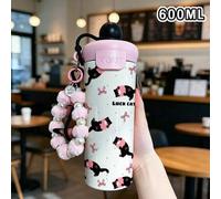 Shein 1 pieza Vaso térmico de acero inoxidable de 600ML, con estampado de gato, correa de perla rosa y cordón de silicona negra, tapa y pajita de silicona,