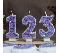 Shein 1 pieza Vela de cumpleaños con combinación de números del 0 al 9 en degradado de plata y morado, adecuada para fiestas de cumpleaños, aniversarios, bo