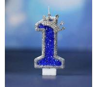 Shein 1 pieza Vela de cumpleaños numérica, vela de pastel con decoración de corona plateada, vela con dígito azul brillante del 0 al 9, adecuada para pastel