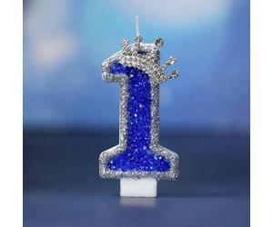 Shein 1 pieza Vela de cumpleaños numérica, vela de pastel con decoración de corona plateada, vela con dígito azul brillante del 0 al 9, adecuada para pastel