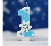 Shein 1 pieza Vela de número de cumpleaños, vela de cumpleaños grande blanca y azul con diseño de copo de nieve, decoración de pastel con vela brillante, ad