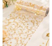 Shein 1 Rollo de Camino de Mesa de Malla con Estrellas Doradas, Camino de Mesa Transparente Brillante con Estrellas de Lámina de Oro, 28cm*2.75m, Adecuado p