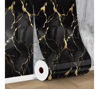 Shein 1 rollo de papel tapiz autoadhesivo brillante de mármol negro y dorado, resistente al agua y al aceite, vinilo grueso para pegar en la pared, adecuado