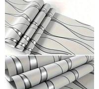 Shein 1 Rollo de papel tapiz autoadhesivo, rayas curvas, gris plateado, estilo moderno, adecuado para habitaciones de hotel, dormitorios, salas de estar, pa