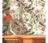 Shein 1 rollo de papel tapiz retro grueso con diseño elegante clásico de ramas de peonías, pájaros, hojas verdes y ramas marrones, adecuado para decoración