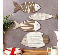 Shein 1 Set de Decoración de pared de peces de madera con tema costero náutico, escultura de pared de banco de peces de madera, decoración de casa de playa,