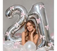 Shein 1 Set de Globos de Decoración para Fiesta de Cumpleaños con Números Plateados 0-9, Números Decorados con Lazos Rosas, Globos de Foil Plateados con Núm