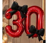 Shein 1 Set de Globos de Números Grandes Rojos de Foil 0-9 con Globos de Lazo Negro, Decoración de Fiesta de Cumpleaños para Mujeres, Decoración de Aniversa
