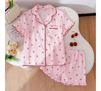 Shein 1 Set de pijamas elegantes para niñas grandes con un dulce estampado de cuadros rosa y blanco con estampado de cerezas rojas y ribete de contraste. To