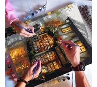 Shein 1 Set de Pintura de Aceite Digital para Adultos - Escena de la Librería en la Calle de un Pueblo Lluvioso, Pintura Acrílica sobre Lienzo DIY, Tamaño 4
