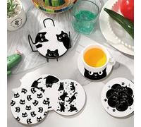 Shein 1 Set de Posavasos con Forma de Gato de Madera, Posavasos Absorbentes con Base de Corcho de Gato Negro Lindo, Posavasos Clásicos en Blanco y Negro, Ad