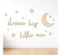 Shein 1 Set "¡Sueña en grande, bebé!" Decoración de pared de madera para habitación de bebé, patrón bohemio de luna y estrellas, tonos neutros, adecuado par