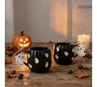 Shein 1 Taza 1 Cuchara, Taza de Cerámica Negra Mate con Diseño de Fantasma de Halloween, con Etiqueta de Fantasma Lindo y Tarjeta de Cuchara, 360ml, Taza de