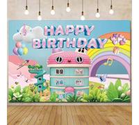 Shein 1 Tela de fondo de cumpleaños arcoíris con texto "Feliz Cumpleaños", que presenta globos, confeti y diseño de Feliz Cumpleaños, perfecto para fiestas