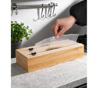 Shein 1 x Caja de almacenamiento de film transparente 2 en 1, caja de madera con cortador, para guardar papel de aluminio y film transparente; dispensador d