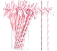 Shein 10/20/30/50/100 piezas Pajitas de papel con lazo a rayas rosa, adecuadas para baby shower, cumpleaños, boda, fiesta nupcial, fiesta con tema de maripo