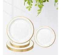 Shein 10/20/30/50/100 piezas Platos de papel blanco con borde dorado - Vajilla de 7 pulgadas y 9 pulgadas, platos elegantes de postre y cena con borde dorad