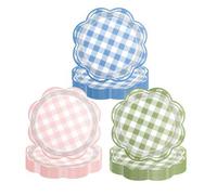 Shein 10/20/40/60 piezas, Platos de papel desechables de 7 pulgadas con diseño de cuadros pastel rosa azul verde y borde festoneado, Platos con borde floral