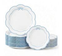Shein 10/20/40 piezas Platos de papel desechables con lazo azul claro estilo macaron, juego de vajilla minimalista fresco, platos impresos con lazo de línea