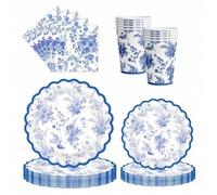 Shein 10/20/50 piezas, Juego de suministros de fiesta con diseño floral azul que incluye platos, servilletas y vasos. Estilo toile chinoiserie rosa y blanco