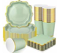 Shein 10/20/50 piezas, platos de papel con borde dorado y ondas en color verde salvia de 9 pulgadas, platos desechables de 7 pulgadas y servilletas. Platos