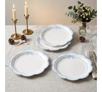 Shein 10/20/50 piezas Platos de papel con borde festoneado y lazo blanco & azul claro, Platos de papel con estampado de lazo blanco & azul claro de 7" y 9",