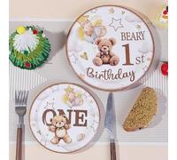 Shein 10/20/50 piezas,Platos de papel desechables de 7 y 9 pulgadas con diseño de oso marrón neutro para el primer cumpleaños, Platos con estampado de oso d