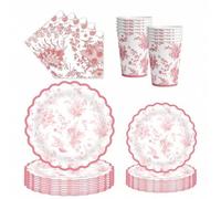 Shein 10/20/50 piezas, Platos, vasos y servilletas de papel con estampado floral rosa, Juego de artículos de fiesta con estilo toile chinoiserie rosa y blan
