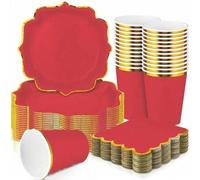 Shein 10/20/50 piezas,Vajilla desechable de borde festoneado rojo sólido y dorado, platos de papel con borde ondulado rojo mate de 7 pulgadas y 9 pulgadas c