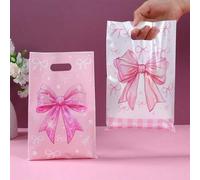 Shein 10/25/50 piezas Bolsas de regalo con lazo rosa de colores mixtos para cumpleaños, bolsas de plástico elegantes con lazo rosa y patrones mixtos para fe