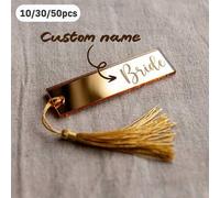 Shein 10/30/50 piezas Etiquetas de nombre personalizadas de acrílico con borla, tarjetas de lugar personalizadas para boda, adecuadas para boda, fiesta, amo