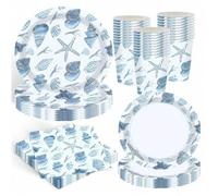 Shein 10/50 piezas Decoraciones de fiesta de playa con conchas marinas, suministros para fiesta con tema oceánico, platos de papel desechables, servilletas,
